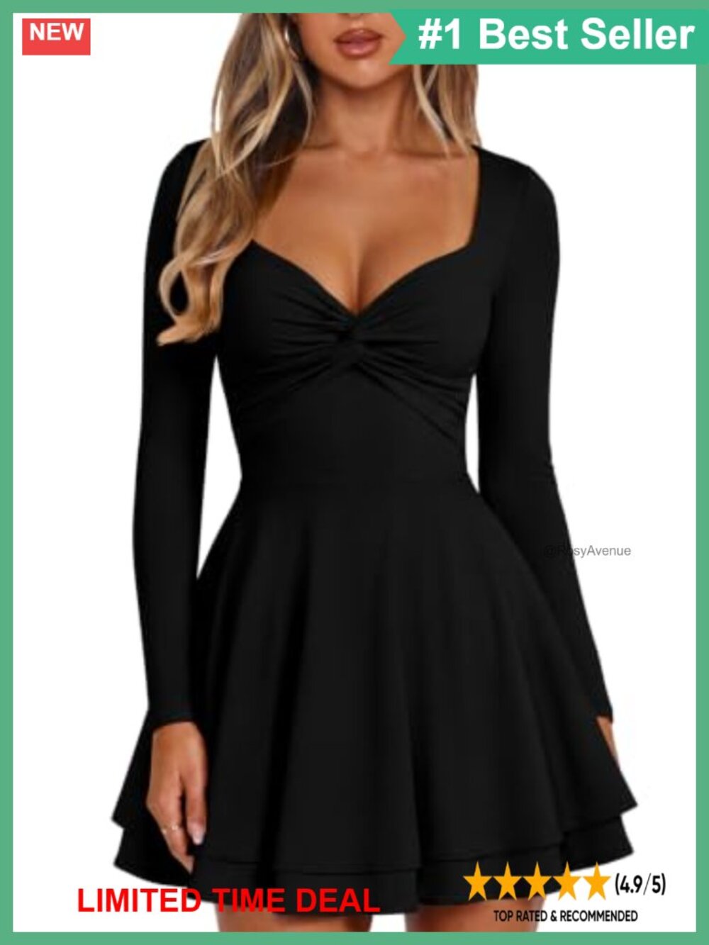 Square Neck Long Sleeve Twist Front A-Line Mini Dress